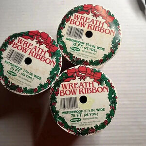 Vintage Plastic Christmas Wreath Bow Red Ribbon Lot 3 Waterproof 2 3/4 wide 75ft